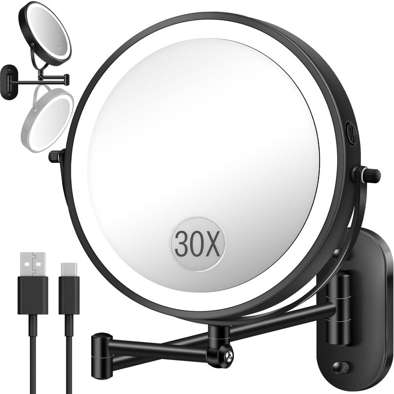 30X1X Wall Mounted Lighted Makeup Mirror 9 Height Adjustable Double Sided 5000mAh Rechargeable Magnifying Bathroom Mirror with Light 3 Color Modes Touch Dimmable Extended Arm 360 Rotation